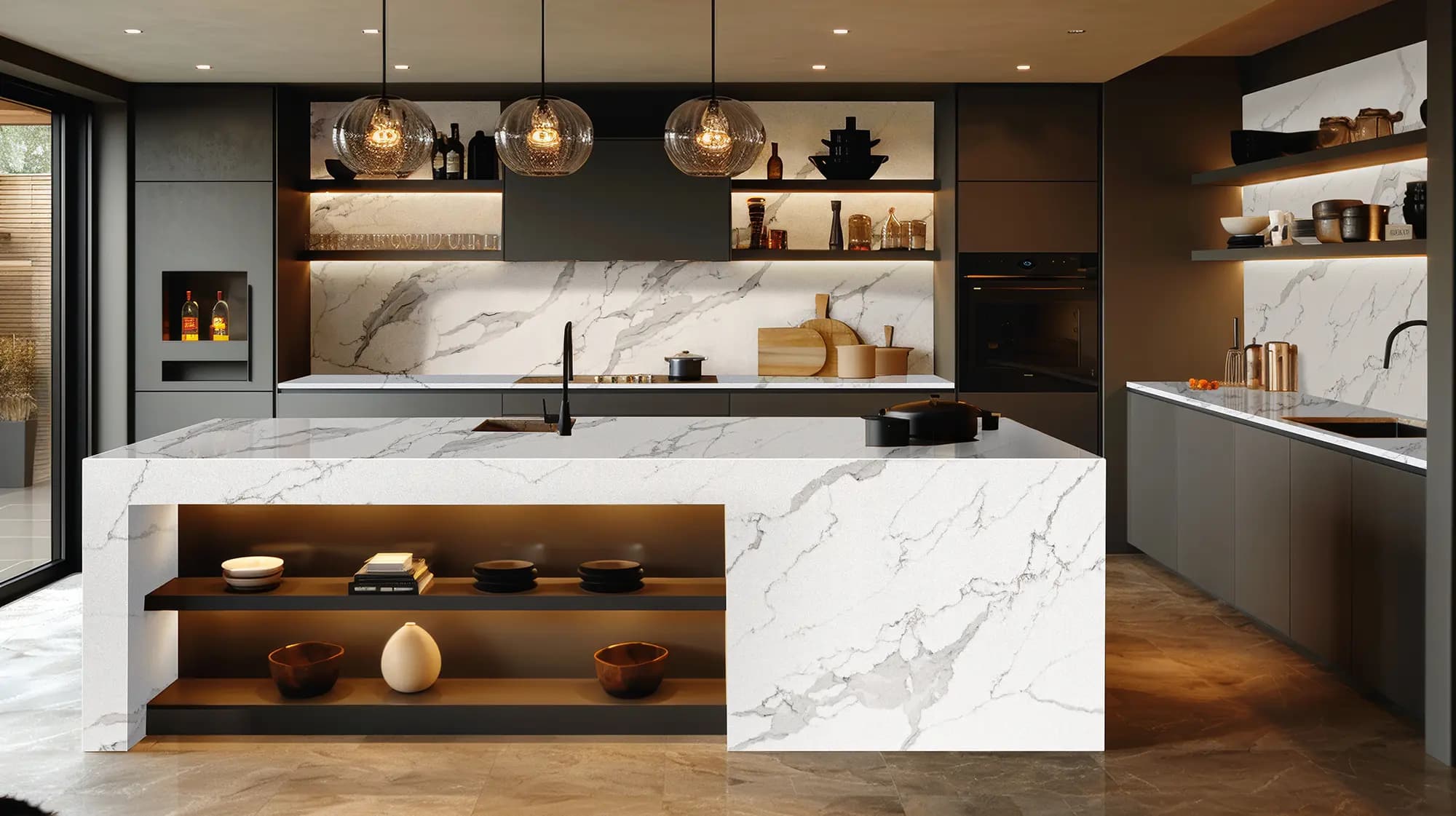Polished stone worktop surface